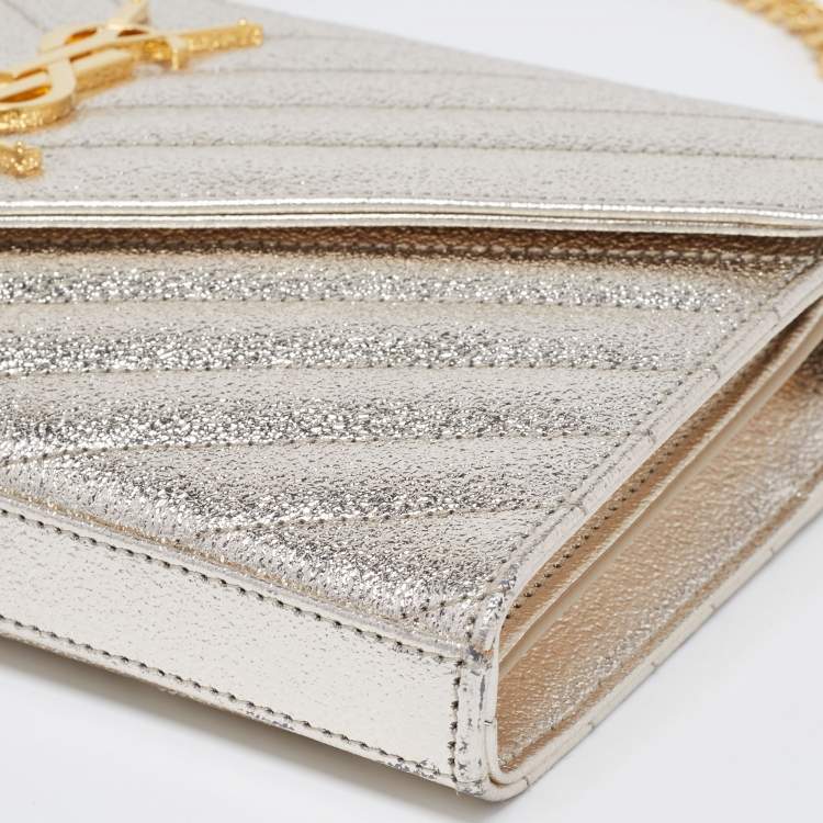 Pre Owned Saint Laurent Metallic Gold Matelasse Leather Monogram Envelope Wallet on Chain