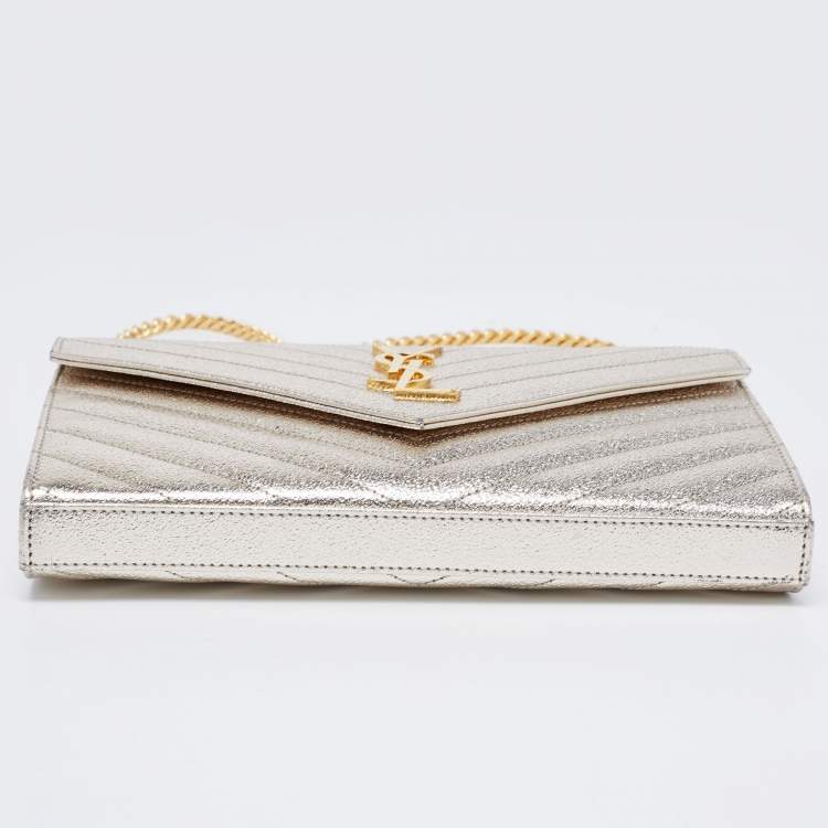 Pre Owned Saint Laurent Metallic Gold Matelasse Leather Monogram Envelope Wallet on Chain