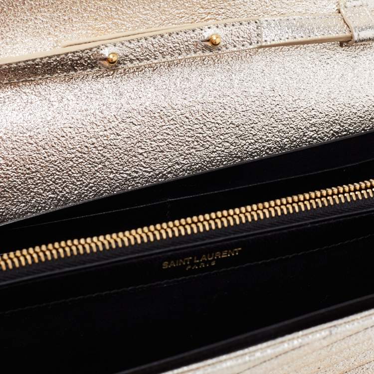 Pre Owned Saint Laurent Metallic Gold Matelasse Leather Monogram Envelope Wallet on Chain