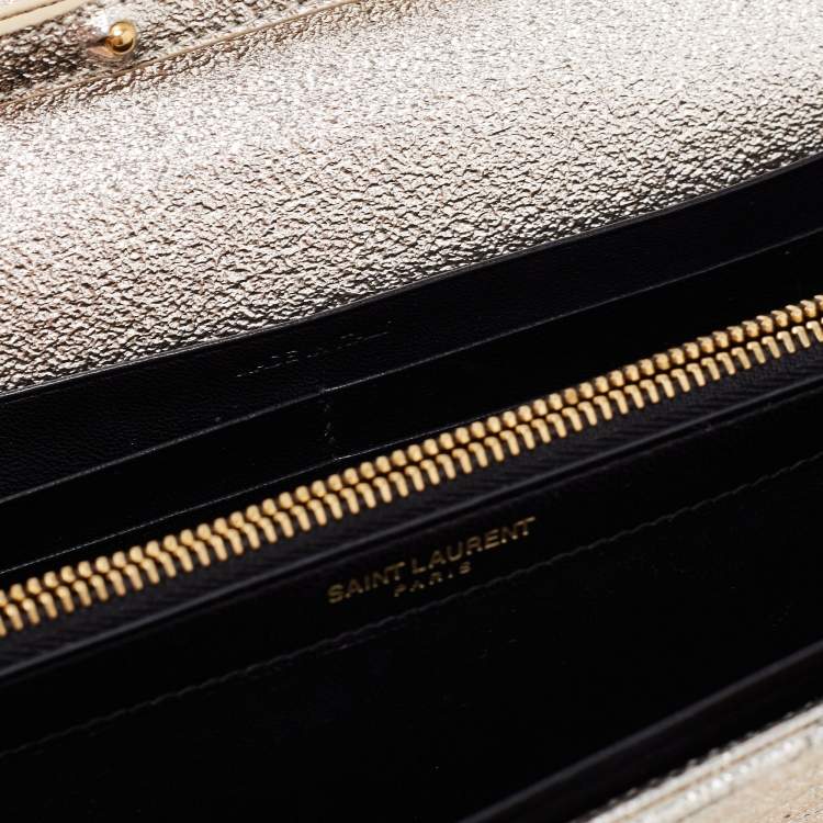 Pre Owned Saint Laurent Metallic Gold Matelasse Leather Monogram Envelope Wallet on Chain