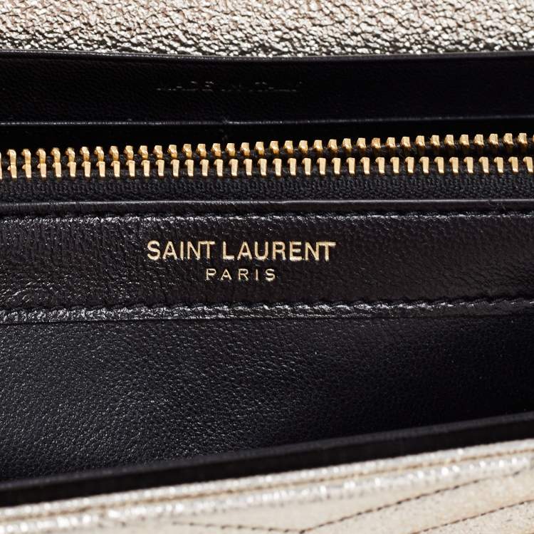 Pre Owned Saint Laurent Metallic Gold Matelasse Leather Monogram Envelope Wallet on Chain