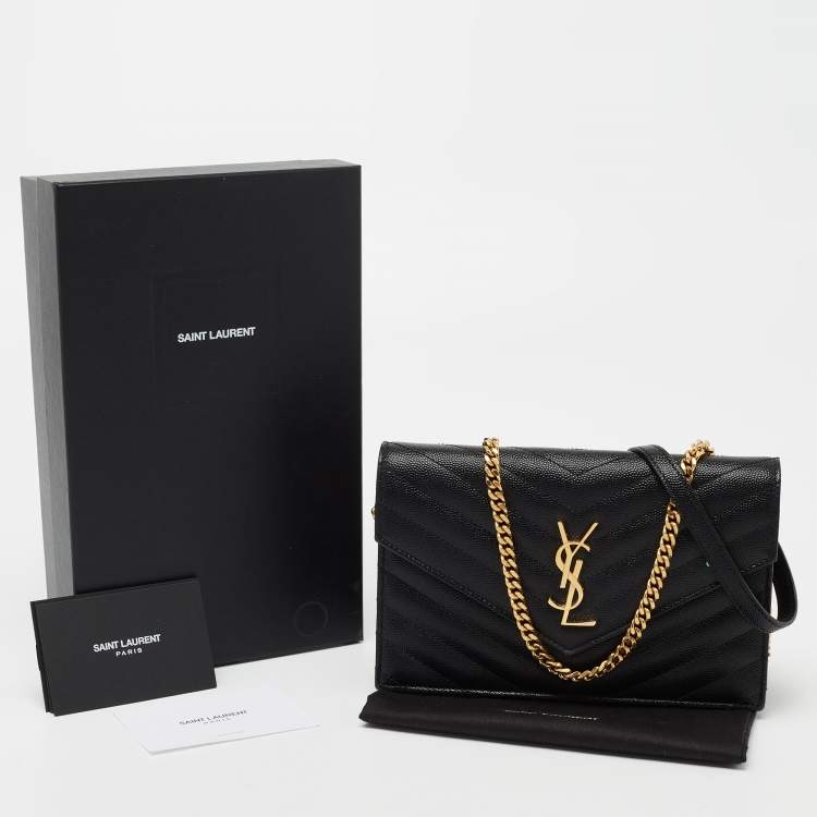 Pre Owned Saint Laurent Black Matelassé Leather Monogram Envelope Wallet on Chain