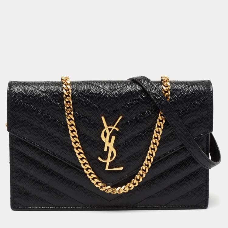 Pre Owned Saint Laurent Black Matelassé Leather Monogram Envelope Wallet on Chain