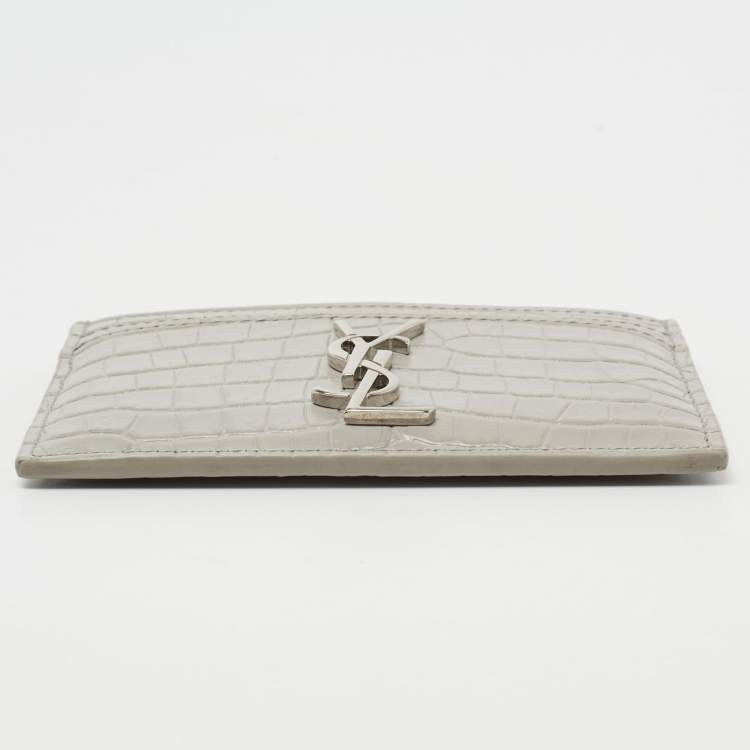 Pre Owned Saint Laurent Grey Croc Embossed Leather Monogram Card Holder