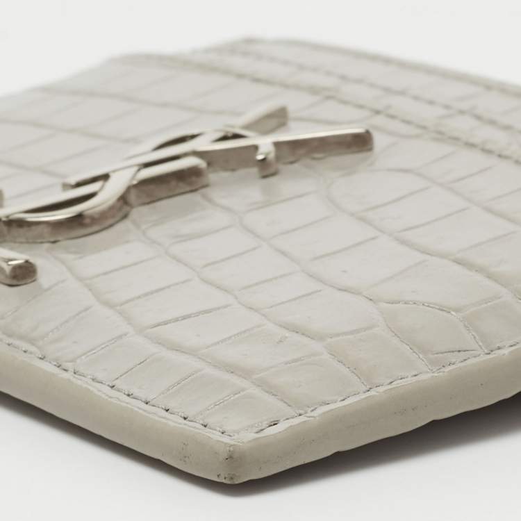 Pre Owned Saint Laurent Grey Croc Embossed Leather Monogram Card Holder