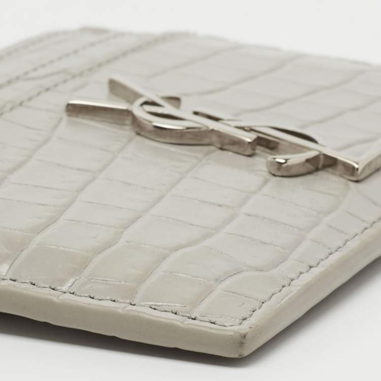 Pre Owned Saint Laurent Grey Croc Embossed Leather Monogram Card Holder
