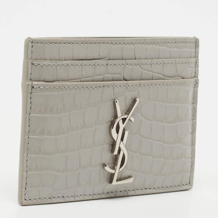Pre Owned Saint Laurent Grey Croc Embossed Leather Monogram Card Holder