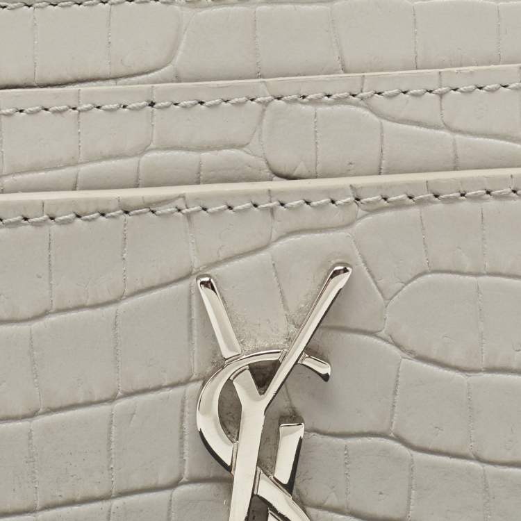Pre Owned Saint Laurent Grey Croc Embossed Leather Monogram Card Holder