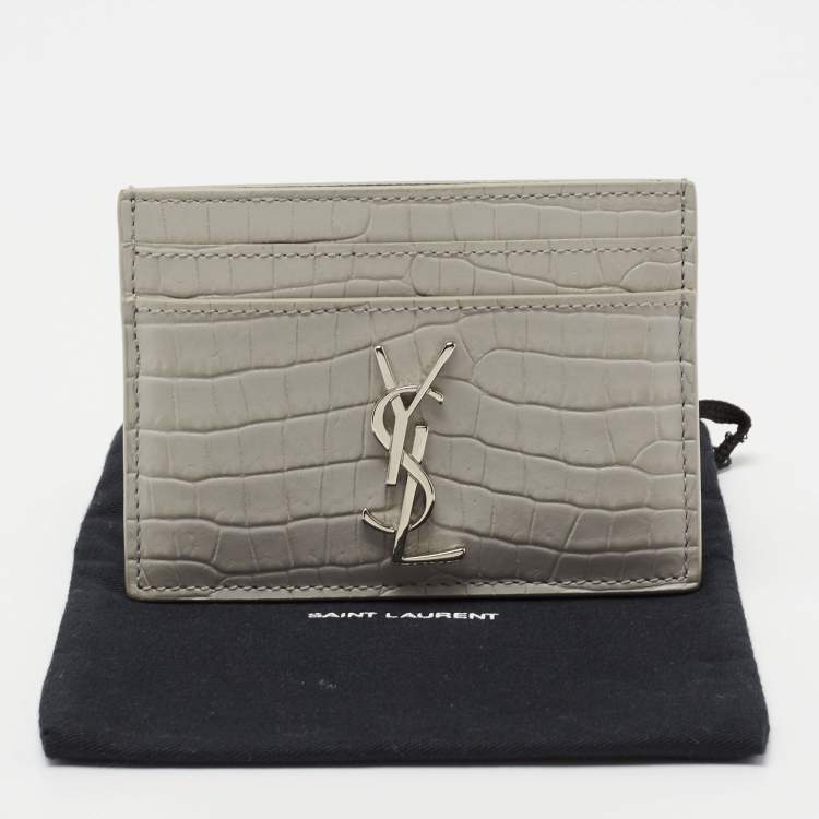Pre Owned Saint Laurent Grey Croc Embossed Leather Monogram Card Holder