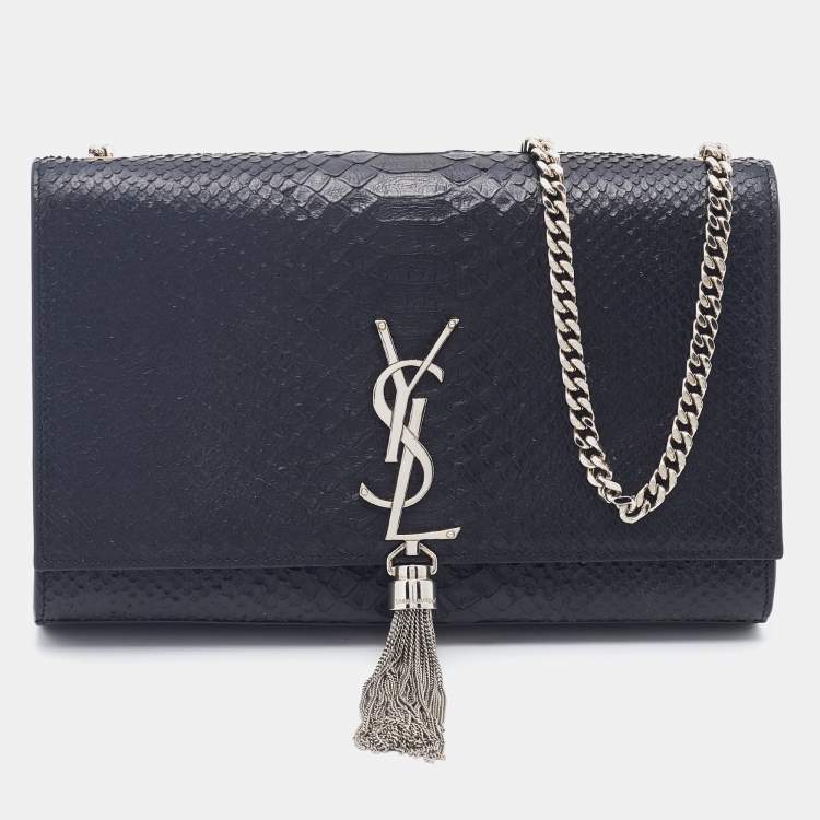 Pre Owned Saint Laurent Black Python Embossed Leather Medium Kate Tassel Shoulder Bag