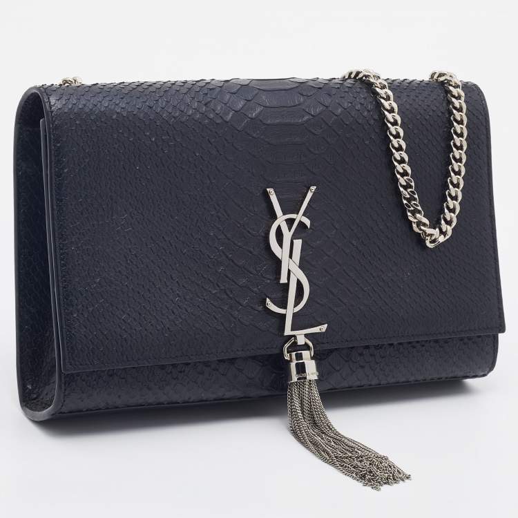 Pre Owned Saint Laurent Black Python Embossed Leather Medium Kate Tassel Shoulder Bag