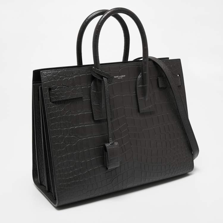 Pre Owned Saint Laurent Grey Dark Croc Embossed Leather Small Classic Sac De Jour Tote