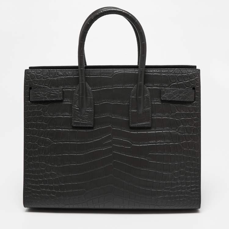Pre Owned Saint Laurent Grey Dark Croc Embossed Leather Small Classic Sac De Jour Tote