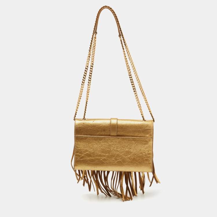 Pre Owned Saint Laurent Metallic Gold Leather And Suede Small Fringe Envelope Shoulder Bag