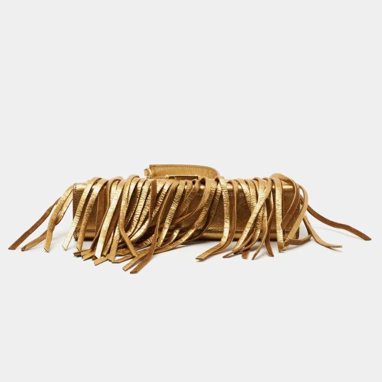 Pre Owned Saint Laurent Metallic Gold Leather And Suede Small Fringe Envelope Shoulder Bag