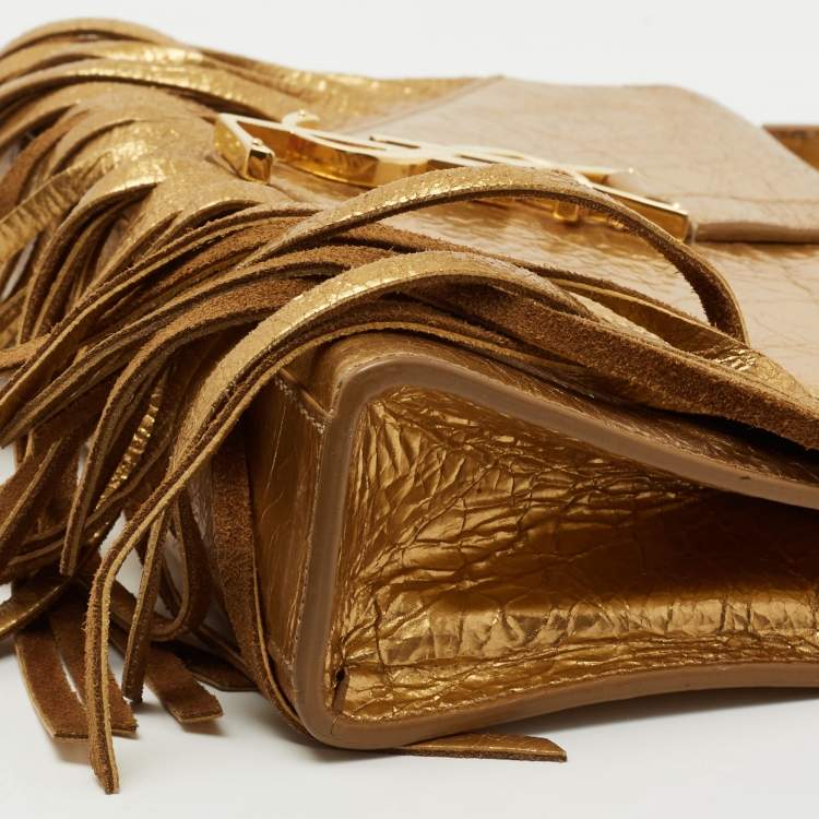 Pre Owned Saint Laurent Metallic Gold Leather And Suede Small Fringe Envelope Shoulder Bag