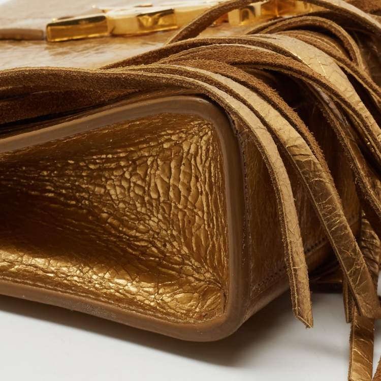 Pre Owned Saint Laurent Metallic Gold Leather And Suede Small Fringe Envelope Shoulder Bag