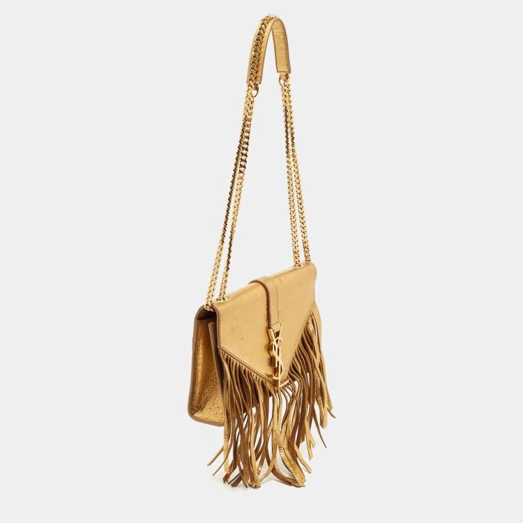 Pre Owned Saint Laurent Metallic Gold Leather And Suede Small Fringe Envelope Shoulder Bag