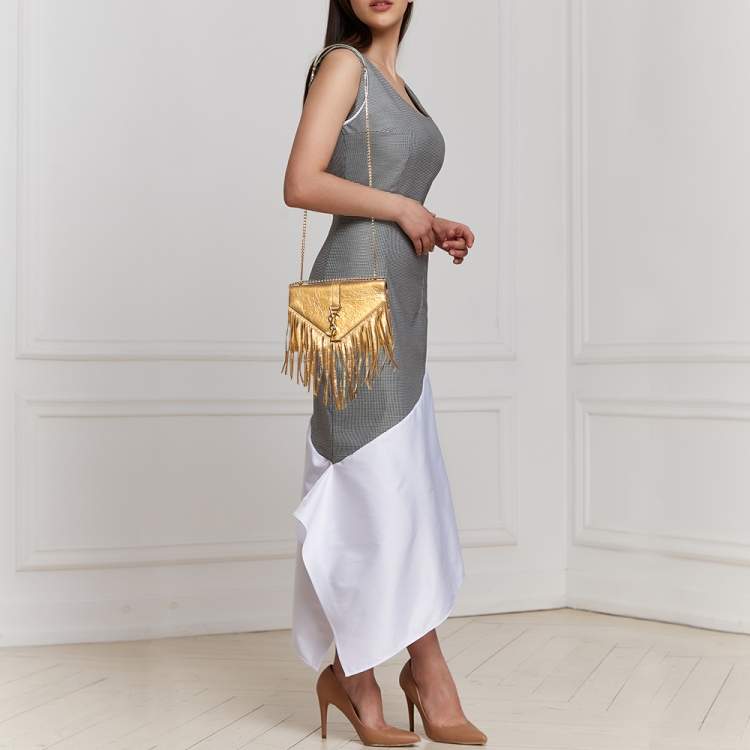 Pre Owned Saint Laurent Metallic Gold Leather And Suede Small Fringe Envelope Shoulder Bag