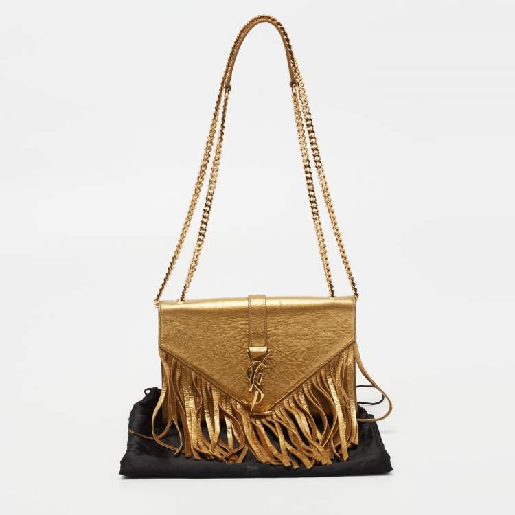 Pre Owned Saint Laurent Metallic Gold Leather And Suede Small Fringe Envelope Shoulder Bag