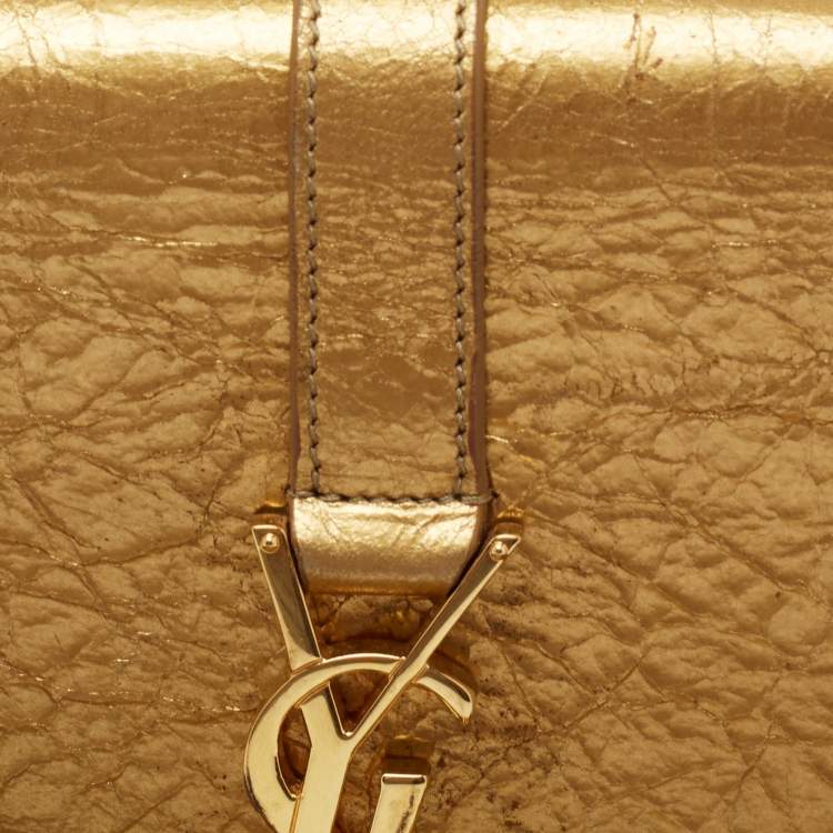 Pre Owned Saint Laurent Metallic Gold Leather And Suede Small Fringe Envelope Shoulder Bag