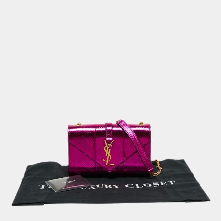 Pre Owned Saint Laurent Metallic Pink Python Embossed Leather Small Envelope Shoulder Bag