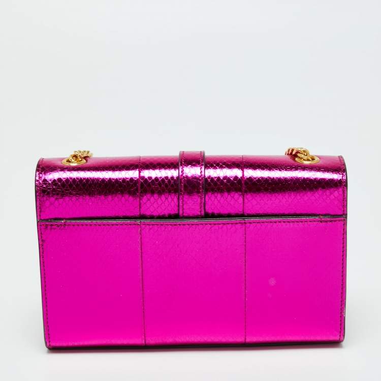Pre Owned Saint Laurent Metallic Pink Python Embossed Leather Small Envelope Shoulder Bag