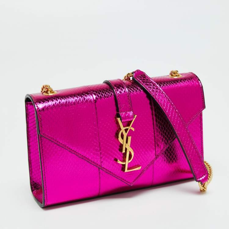 Pre Owned Saint Laurent Metallic Pink Python Embossed Leather Small Envelope Shoulder Bag
