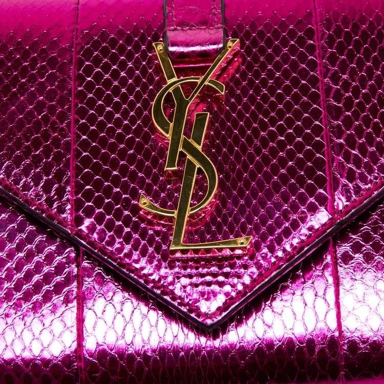 Pre Owned Saint Laurent Metallic Pink Python Embossed Leather Small Envelope Shoulder Bag
