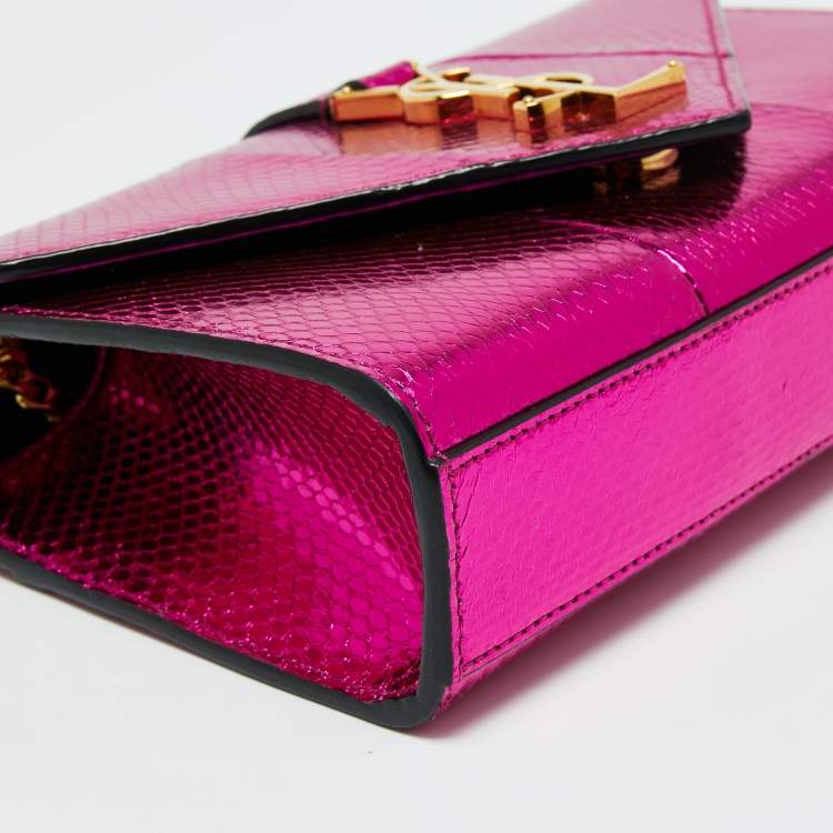 Pre Owned Saint Laurent Metallic Pink Python Embossed Leather Small Envelope Shoulder Bag