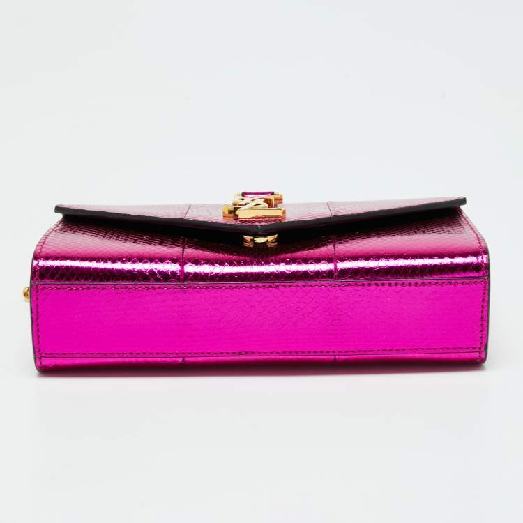 Pre Owned Saint Laurent Metallic Pink Python Embossed Leather Small Envelope Shoulder Bag