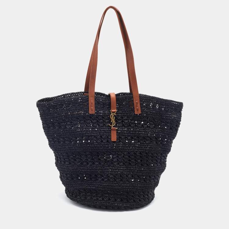 Pre Owned Saint Laurent Black Woven Raffia Medium Panier Tote