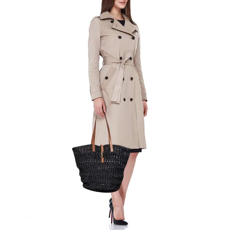 Pre Owned Saint Laurent Black Woven Raffia Medium Panier Tote