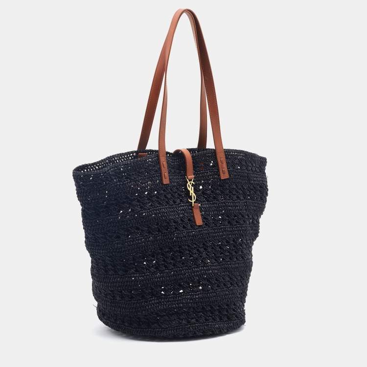 Pre Owned Saint Laurent Black Woven Raffia Medium Panier Tote