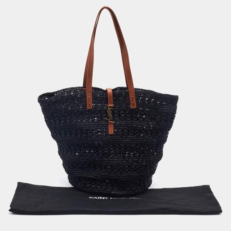 Pre Owned Saint Laurent Black Woven Raffia Medium Panier Tote