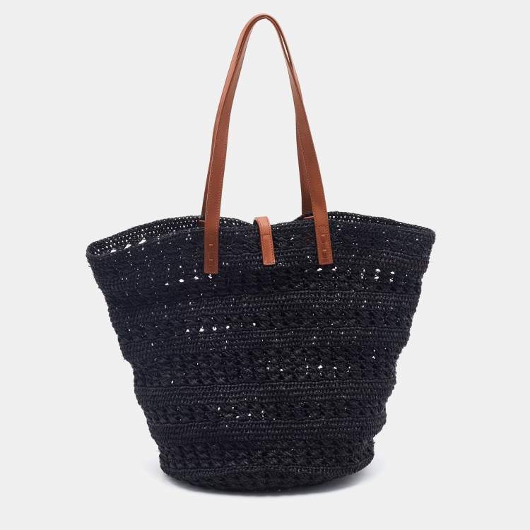 Pre Owned Saint Laurent Black Woven Raffia Medium Panier Tote