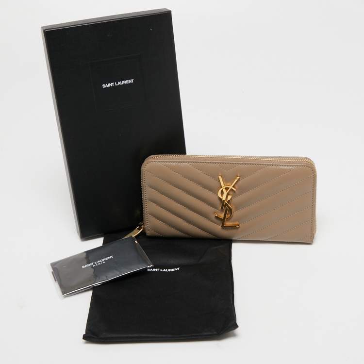 Pre Owned Saint Laurent Beige Matelassé Leather Monogram Zip Around Wallet