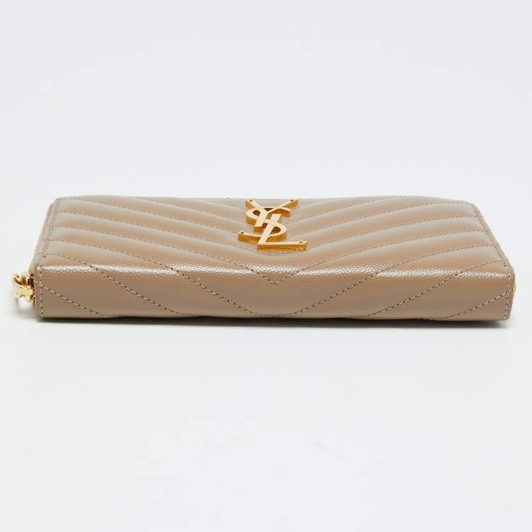Pre Owned Saint Laurent Beige Matelassé Leather Monogram Zip Around Wallet