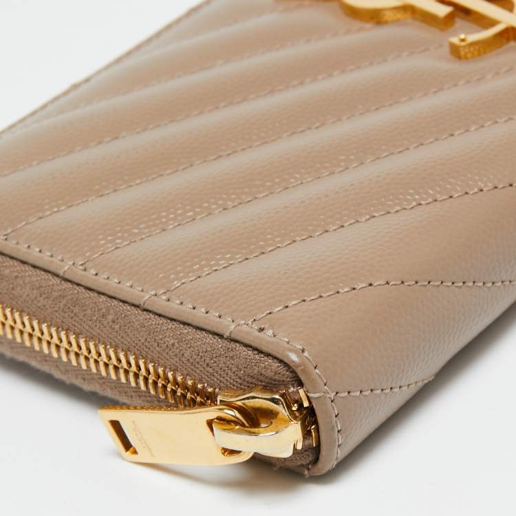 Pre Owned Saint Laurent Beige Matelassé Leather Monogram Zip Around Wallet