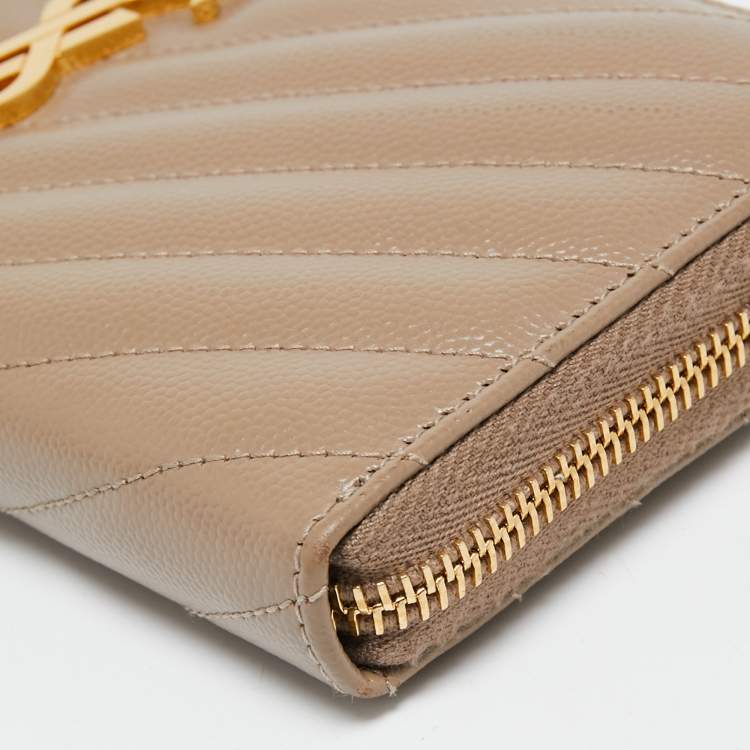 Pre Owned Saint Laurent Beige Matelassé Leather Monogram Zip Around Wallet