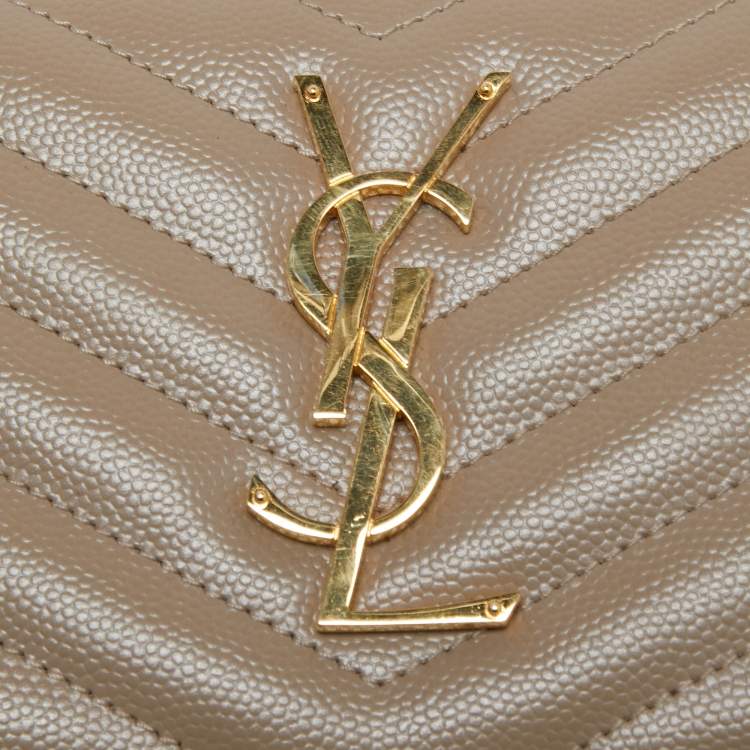 Pre Owned Saint Laurent Beige Matelassé Leather Monogram Zip Around Wallet