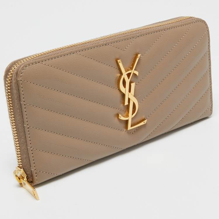 Pre Owned Saint Laurent Beige Matelassé Leather Monogram Zip Around Wallet
