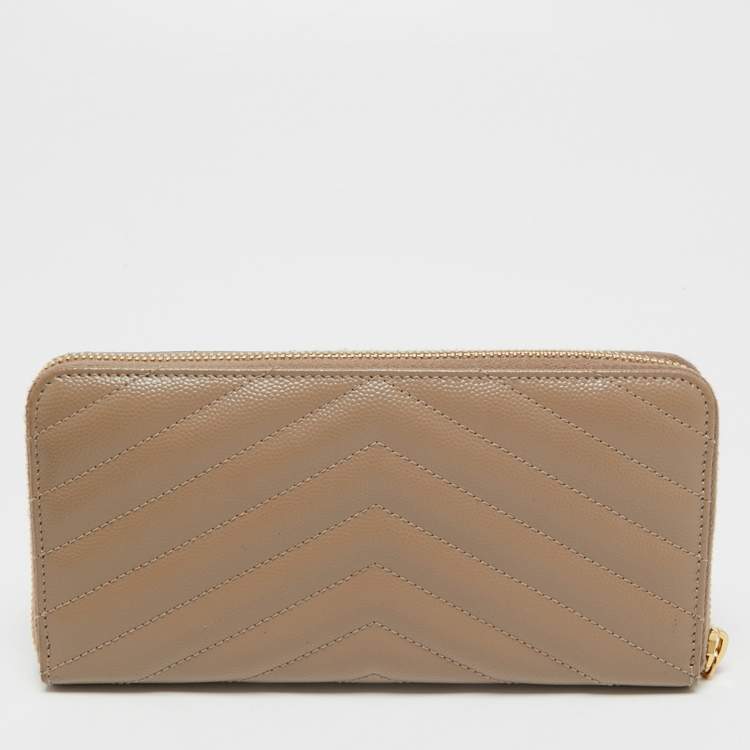 Pre Owned Saint Laurent Beige Matelassé Leather Monogram Zip Around Wallet