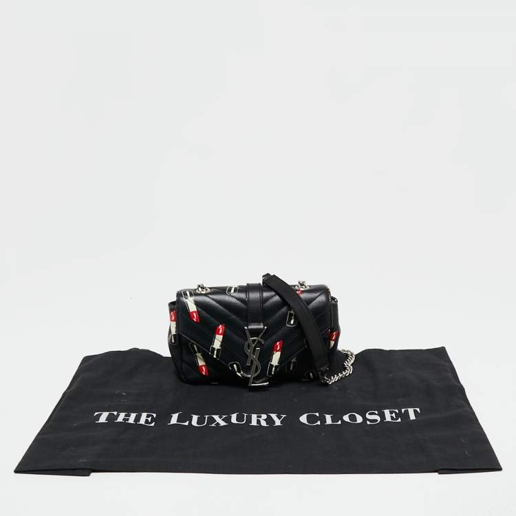 Pre Owned Saint Laurent Black Matelassé Lipstick Print Leather Baby Monogram Crossbody Bag