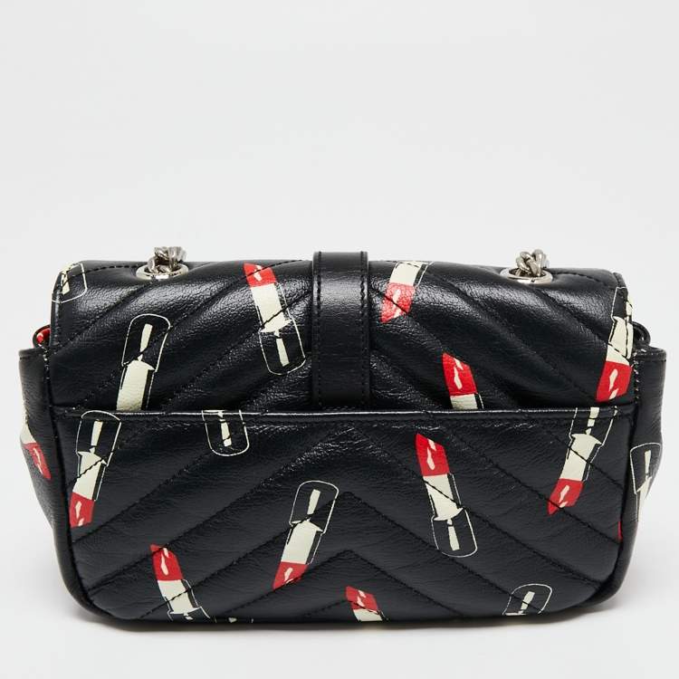 Pre Owned Saint Laurent Black Matelassé Lipstick Print Leather Baby Monogram Crossbody Bag