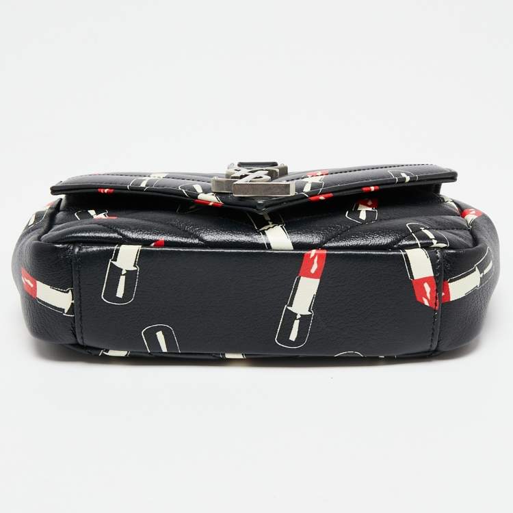 Pre Owned Saint Laurent Black Matelassé Lipstick Print Leather Baby Monogram Crossbody Bag