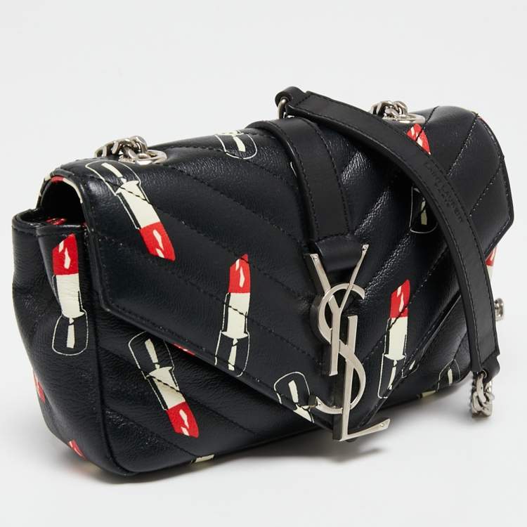 Pre Owned Saint Laurent Black Matelassé Lipstick Print Leather Baby Monogram Crossbody Bag