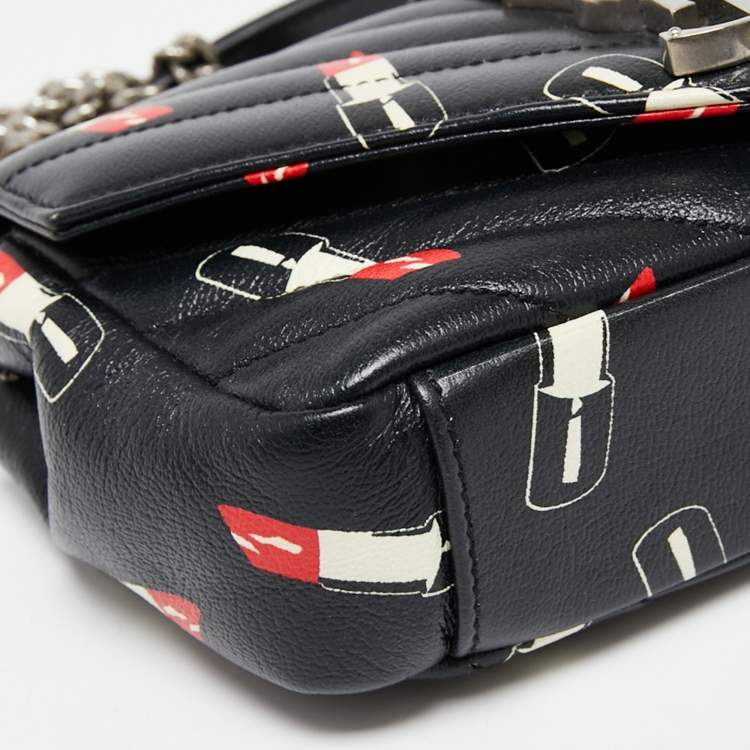 Pre Owned Saint Laurent Black Matelassé Lipstick Print Leather Baby Monogram Crossbody Bag
