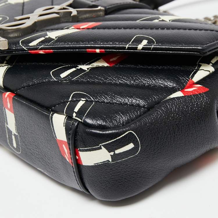 Pre Owned Saint Laurent Black Matelassé Lipstick Print Leather Baby Monogram Crossbody Bag