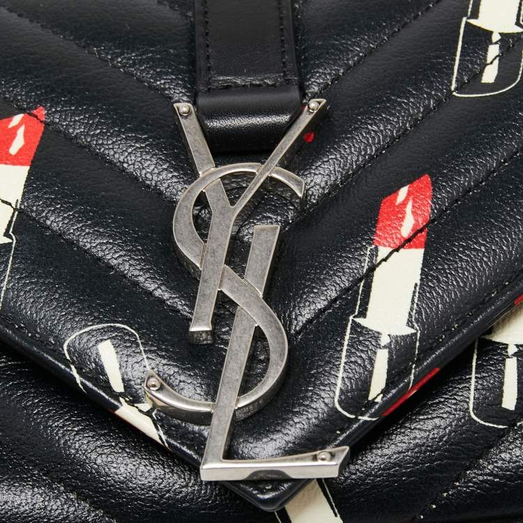 Pre Owned Saint Laurent Black Matelassé Lipstick Print Leather Baby Monogram Crossbody Bag